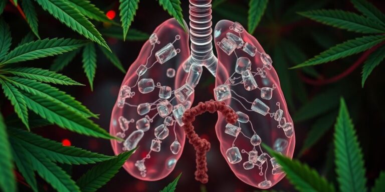 Photograph of lung cells with green hemp leaves.